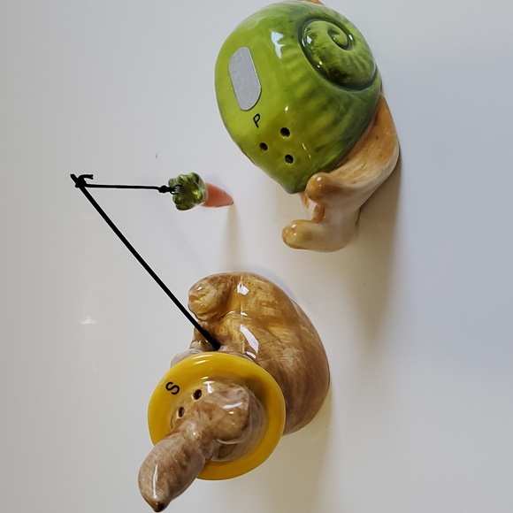 Pier 1 Rabbit on Snail Salt and Pepper Shakers. Rabbit Fishing on Snails Back - Picture 4 of 5